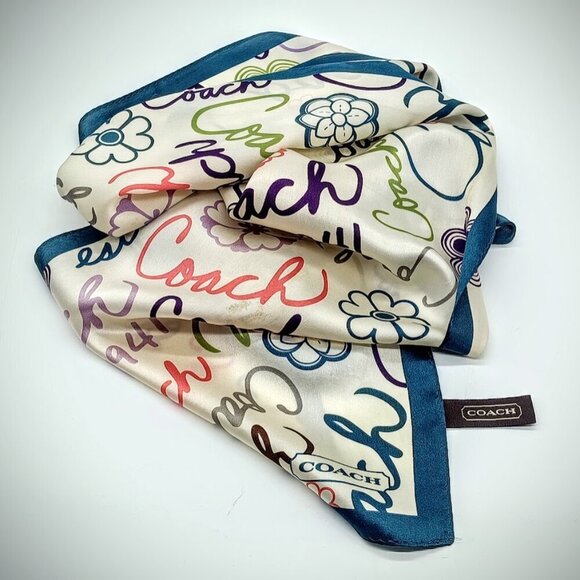 Coach Teal Border Signature Print Silk Oblong Scarf - Picture 1 of 7
